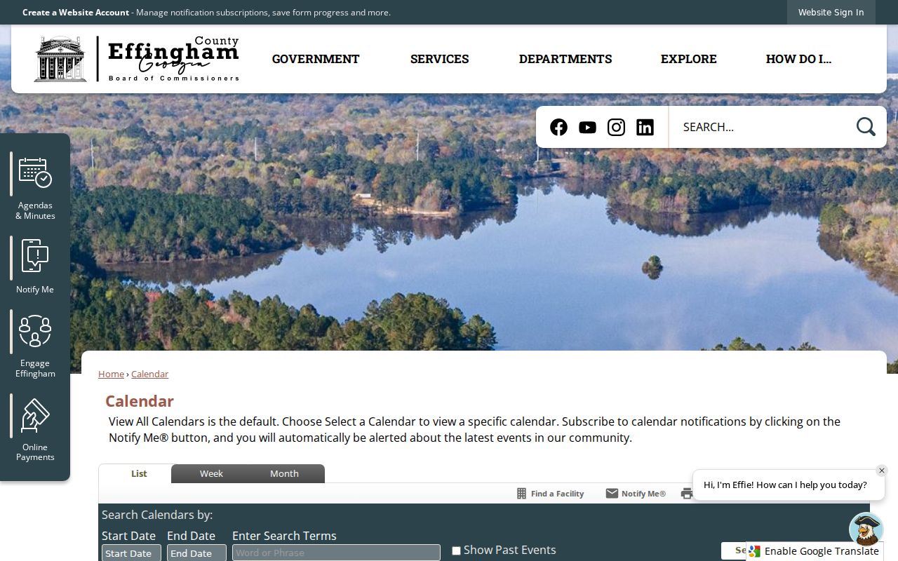 Effingham County events calendar with date and view controls