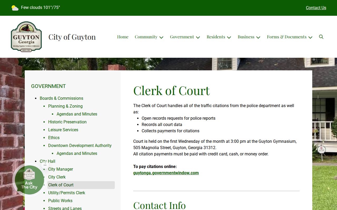 Official Guyton Clerk of Court page with session and payment details